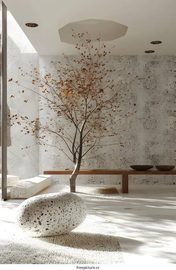 Minimalist interior with a single tree