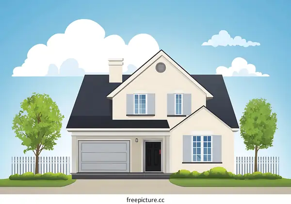 Two Story House with White Fence and Green Trees