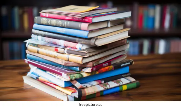 A stack of books on a wooden table in a library