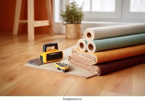 Interior Design Project with Carpet Rolls and Tools