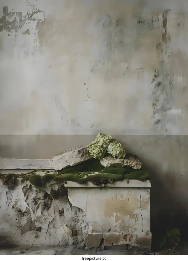 Green Flowers on a Decaying Stone Bench