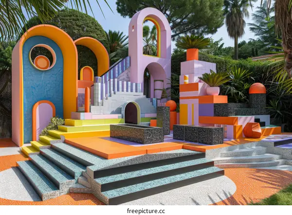 Colorful geometric shapes in a garden