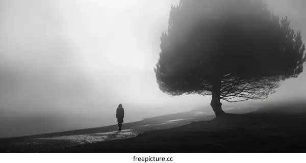 A Solitary Figure Stands in the Fog near a Tree