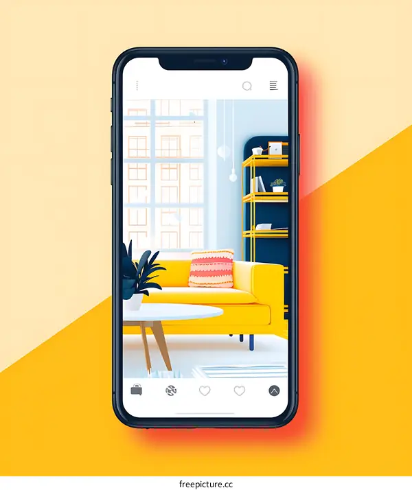 Yellow Sofa and Bookshelf on a Mobile Phone Screen Illustration