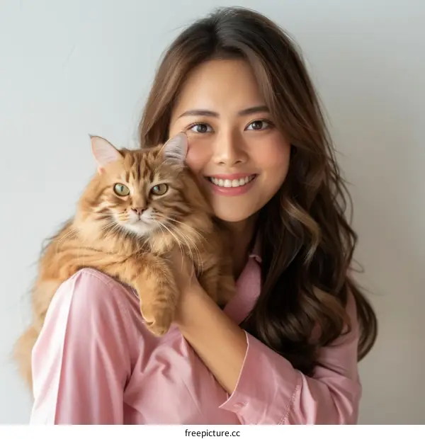 A young woman is smiling and holding a cat.