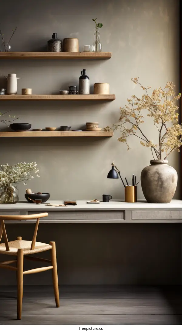 A stylish home office with a large wooden desk, a comfortable chair, and a beautiful vase of flowers.