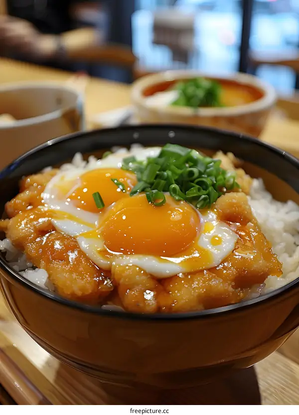 A bowl of Japanese chicken rice with egg