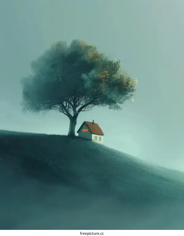 Small house under a big tree on a hill
