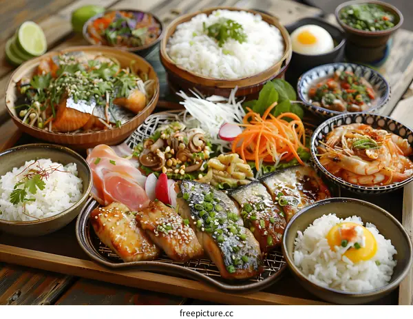 Asian Food Platter with Grilled Fish, Rice, and Vegetables
