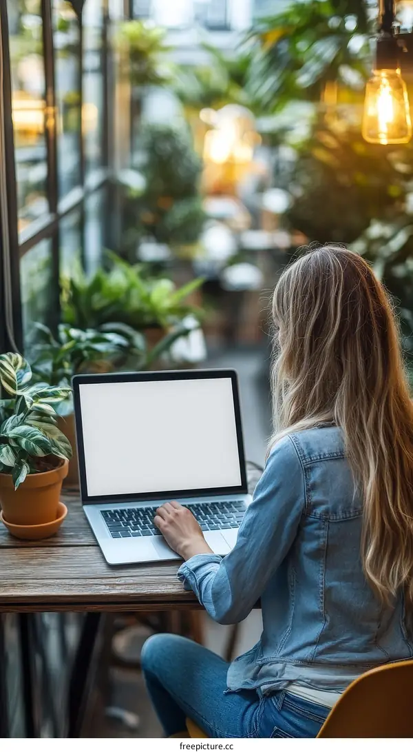 Woman Working on Laptop in Outdoor Cafe