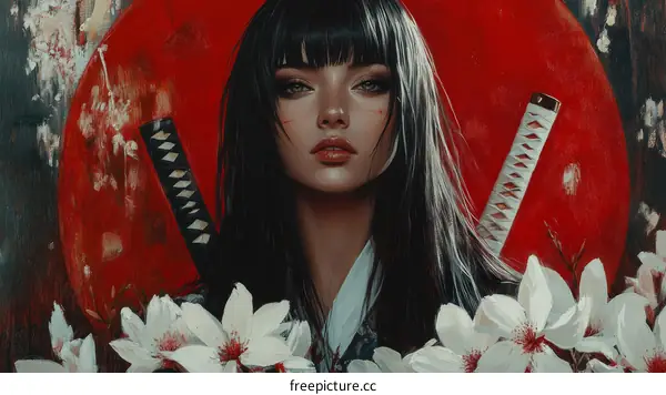 A Beautiful Woman with a Sword in a Red Background