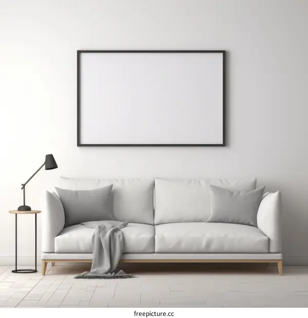 Bright home interior design with sofa and frame mockup