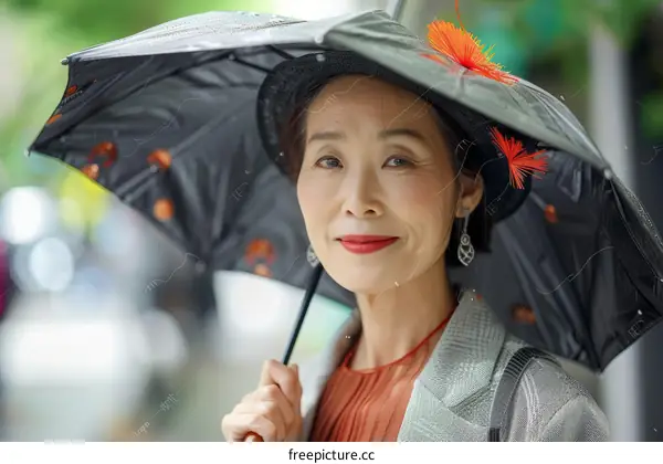 A smiling elderly woman in a hat and holding an umbrella
