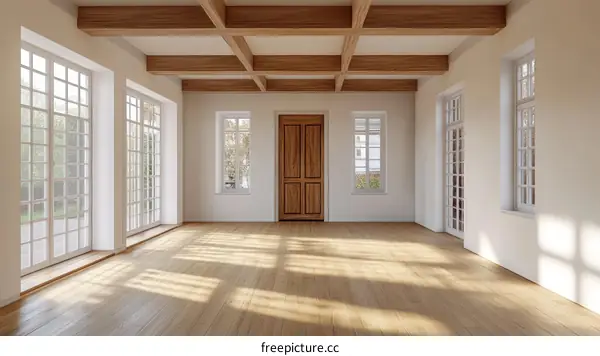 Empty Spacious Room with Wooden Beams and Large Windows