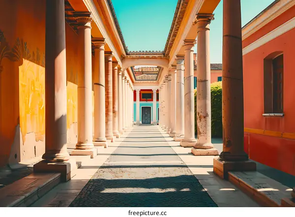 Ancient Roman Style Columns and Courtyard in Sunny Day