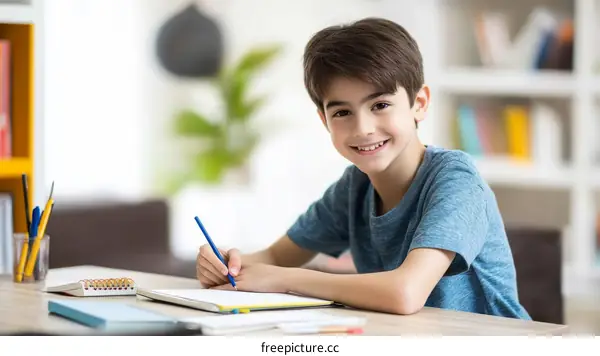 Smiling Boy Concentrating on Schoolwork