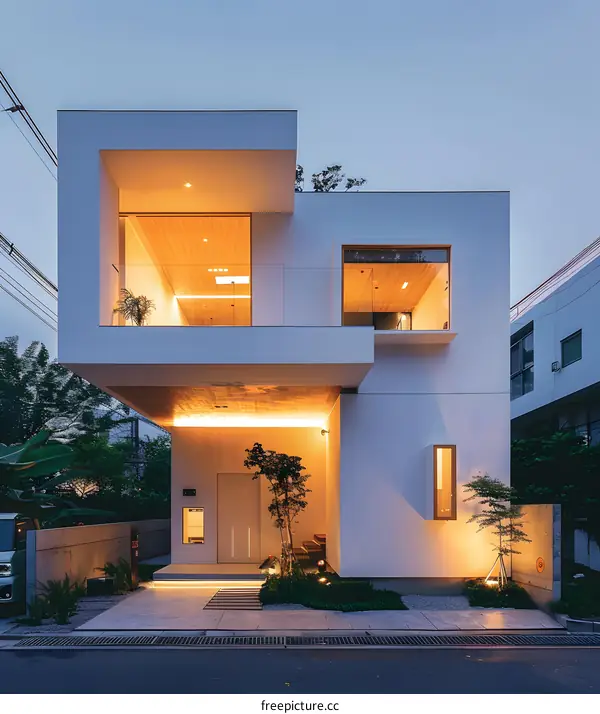Modern Minimalist White House with Wooden Accents and Outdoor Lighting