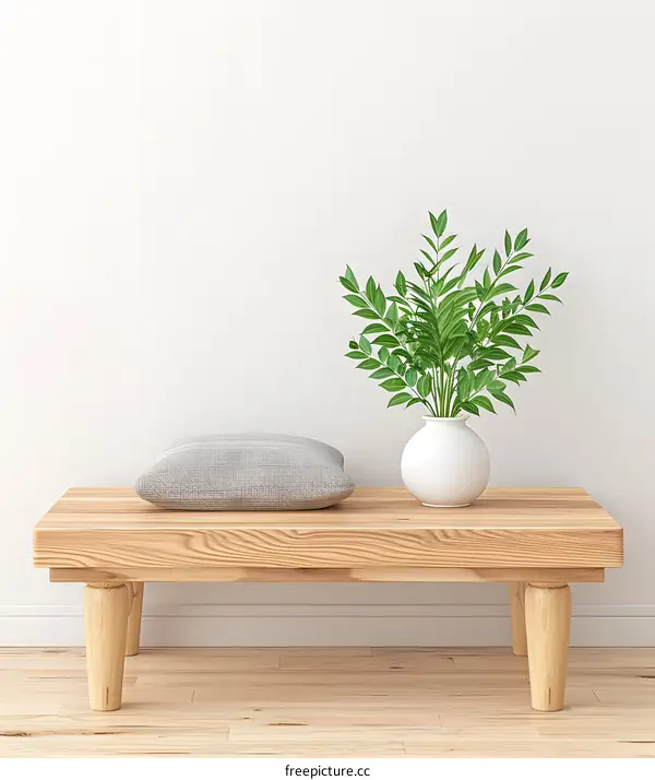 Wooden Bench with Plant and Cushion