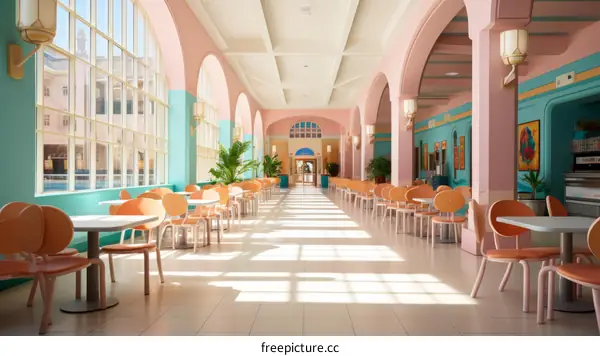 An empty restaurant with pink and blue walls and large windows