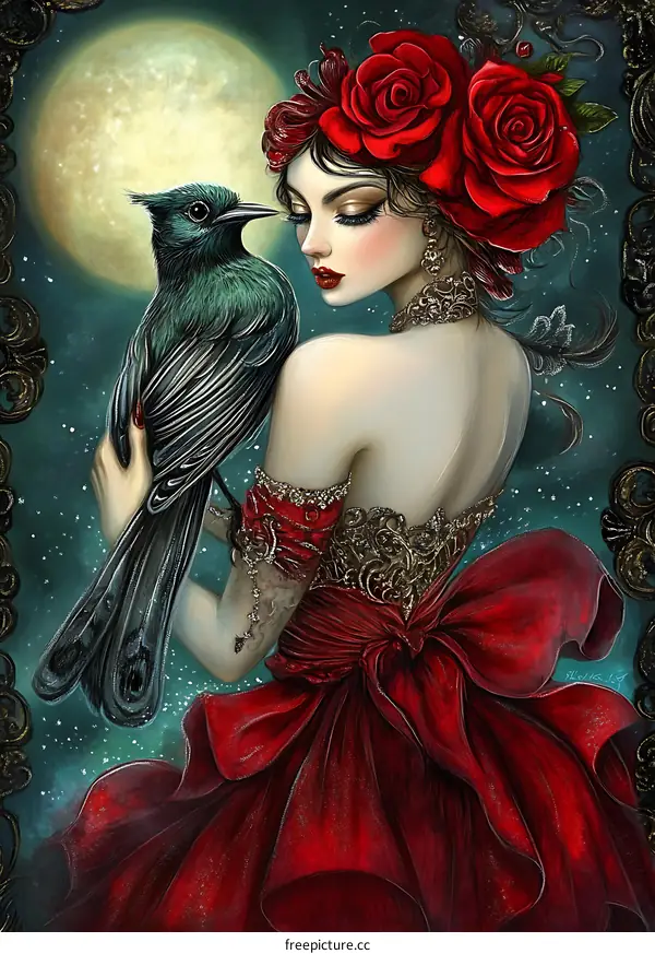 A Woman In A Red Dress Holding A Bird Under The Moon