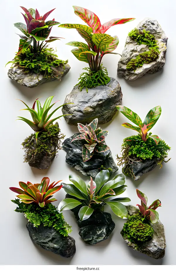 Tropical plants in stone pots on a white background
