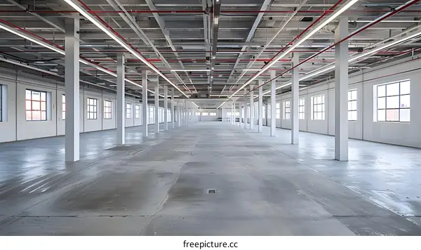 Empty Industrial Warehouse Space With White Walls and Windows