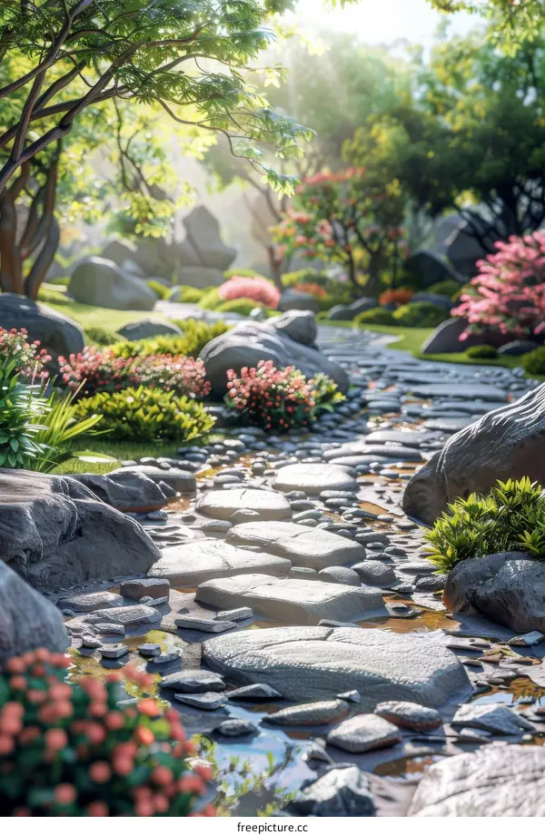 Serene Stone Path Through a Garden