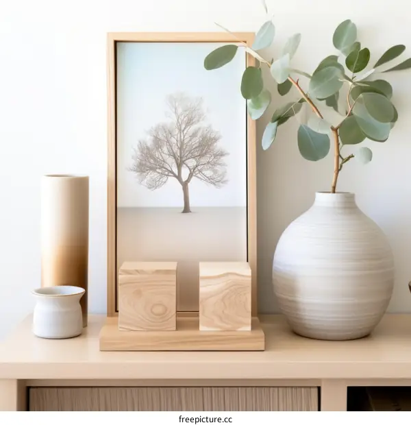 A wooden shelf with a picture of a tree, a vase, and some other objects