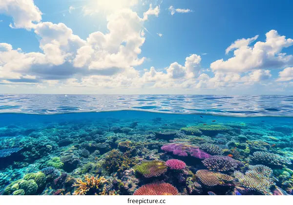 Half and half photo of a coral reef and the ocean surface