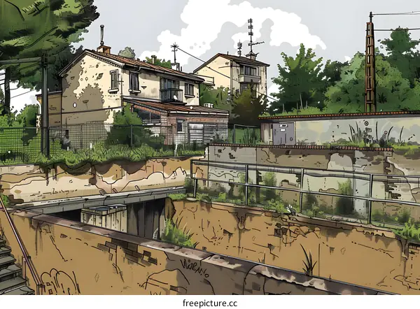 Hand Drawn Illustration of an Old House in a Small European City