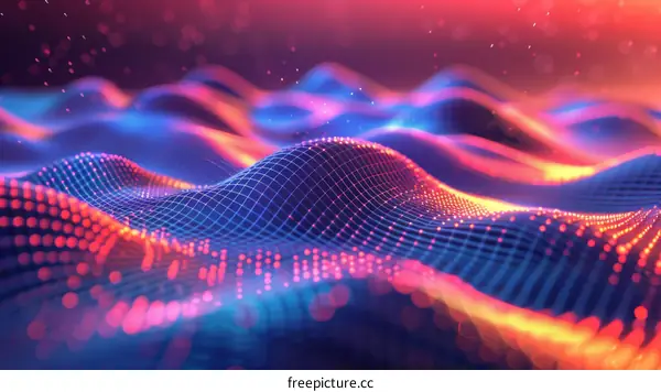 Abstract Futuristic Blue Orange Wavy Digital Landscape with Particles
