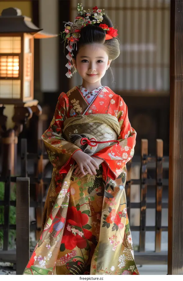A Japanese girl wearing a kimono is standing in a traditional Japanese house.