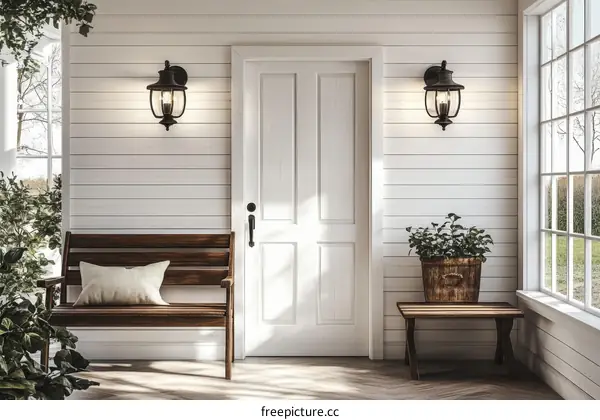 Rustic Porch Entrance with Wooden Bench