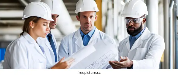 Team of Engineers Reviewing Blueprints in Construction Site