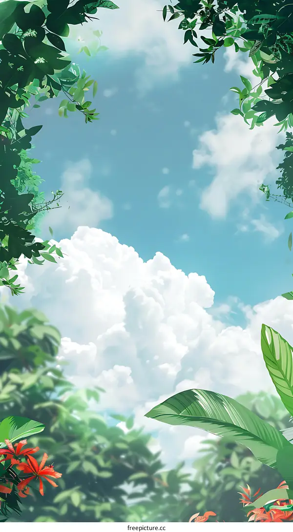 Green Leaves Frame Blue Sky and White Clouds
