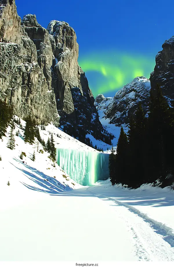 Frozen Waterfall in the Mountains with Aurora Borealis