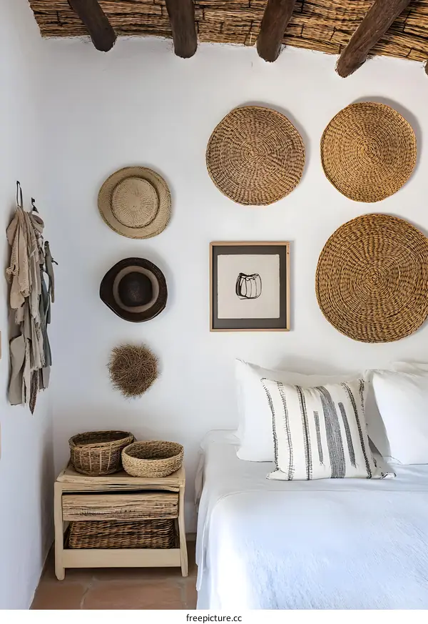 White Wall Bedroom Interior with Woven Baskets and Straw Ceiling