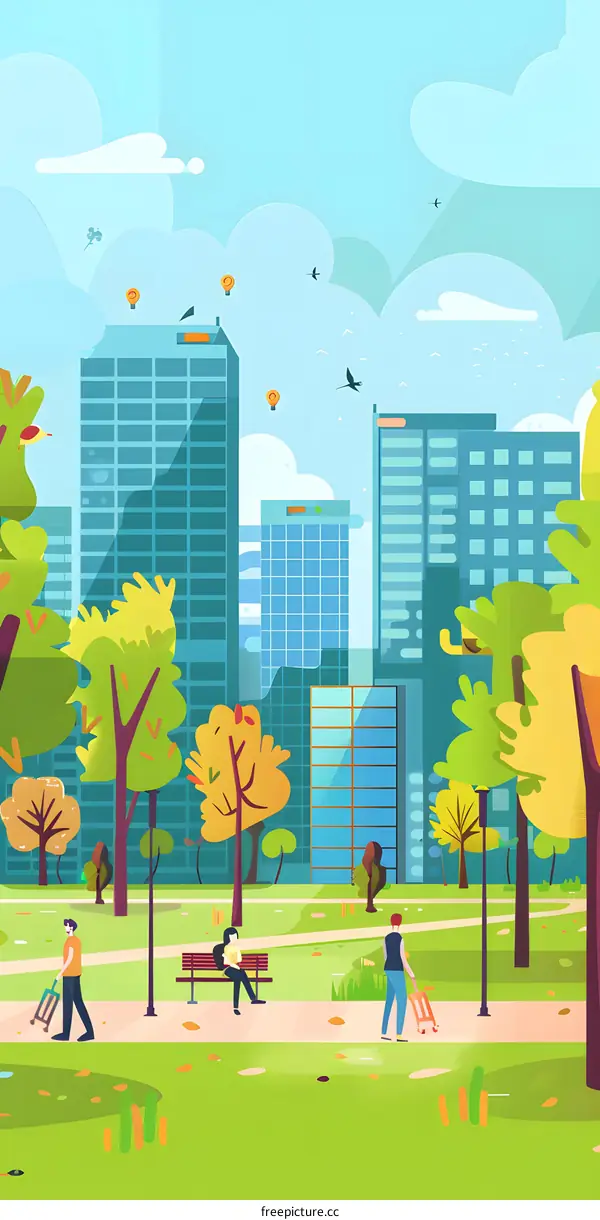 Urban Park Illustration with People and Cityscape