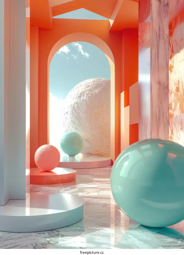Abstract Pink and Blue Spheres in an Orange Hallway