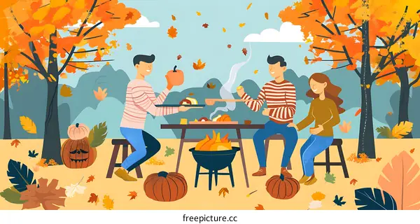 Friends Enjoying Autumn Picnic With Pumpkins and Fall Leaves