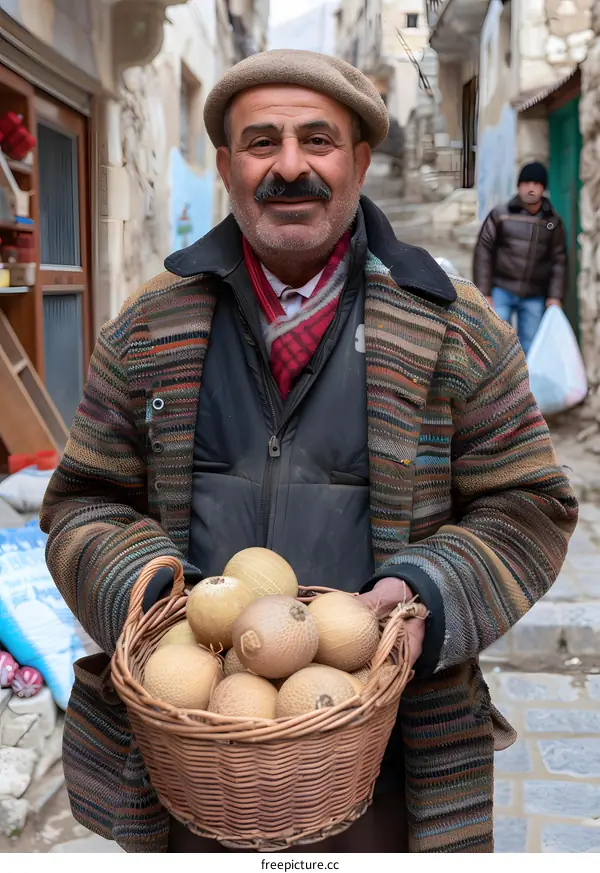 Smiling Middle Eastern Man Selling Melons in a Basket