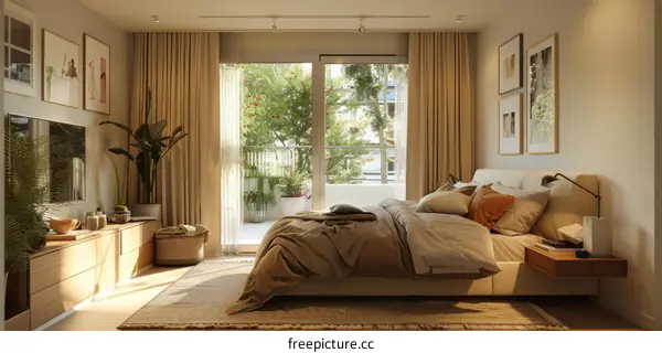 Modern bedroom interior design with large windows and plants