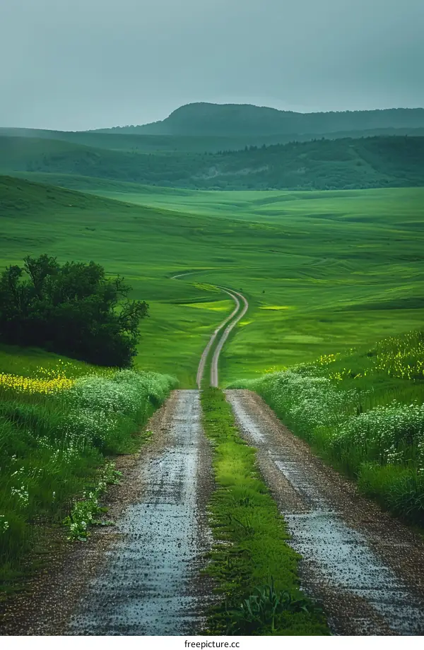 Rural Road Through Lush Green Fields