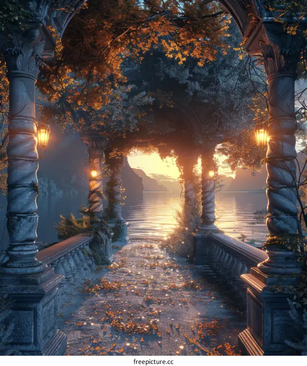 Fantastical Autumn Landscape with Lake, Bridge, and Arches