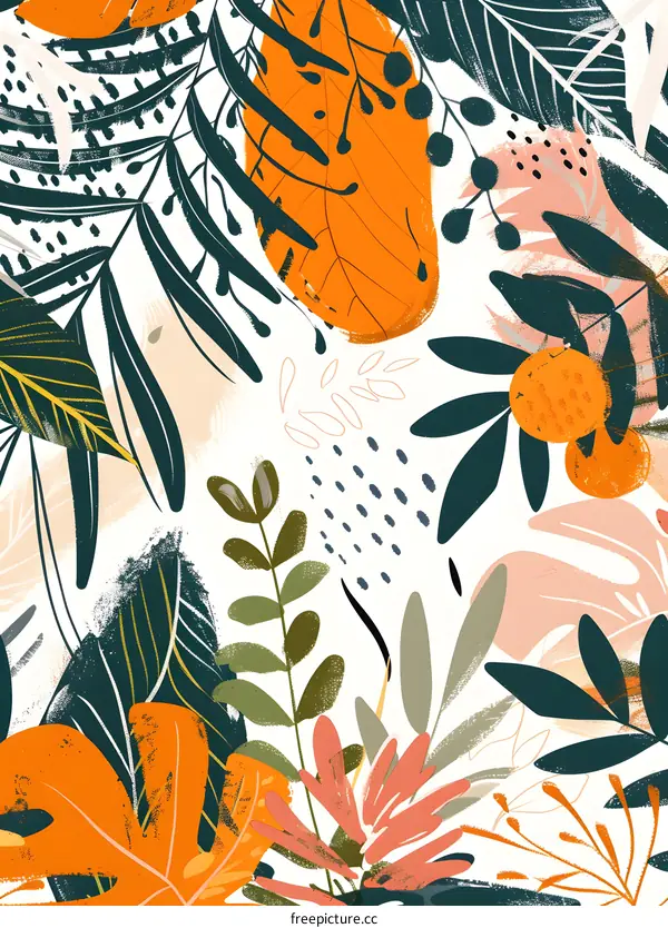 Tropical Floral Pattern Illustration With Abstract Green Orange Pink Leaves