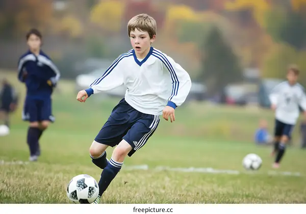 Young Soccer Player Dribbling the Ball on the Grass Field