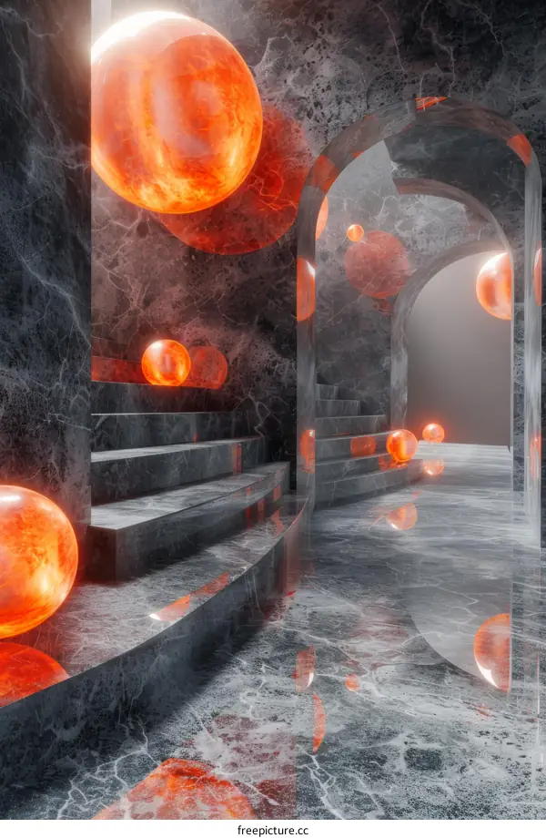 Abstract Marble Interior with Fiery Spheres