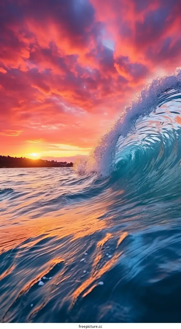 Powerful Wave Crashing Under a Vibrant Sunset