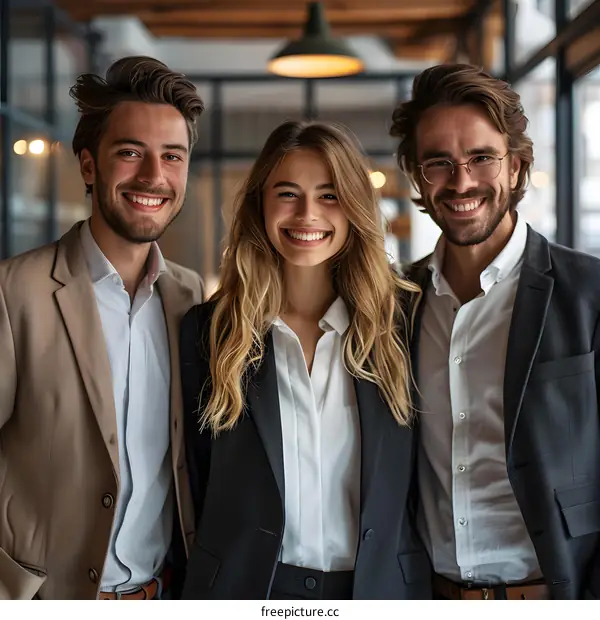 Three young professionals smiling in an office