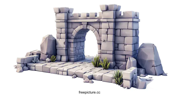 [Transparent Background PNG]grey stone archway with rocks and plants